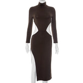 LIZAKOSHT  -  High Collar Hollow Out Solid Color Long-sleeved Bodycon Slim Dresses Sexy Split Skinny Elegant Club Maxi Vestidos